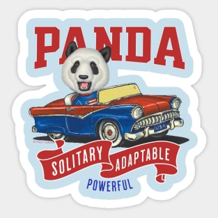 Funny and Cute Panda driving a vintage classic car to a parade with red white and blue flags Sticker